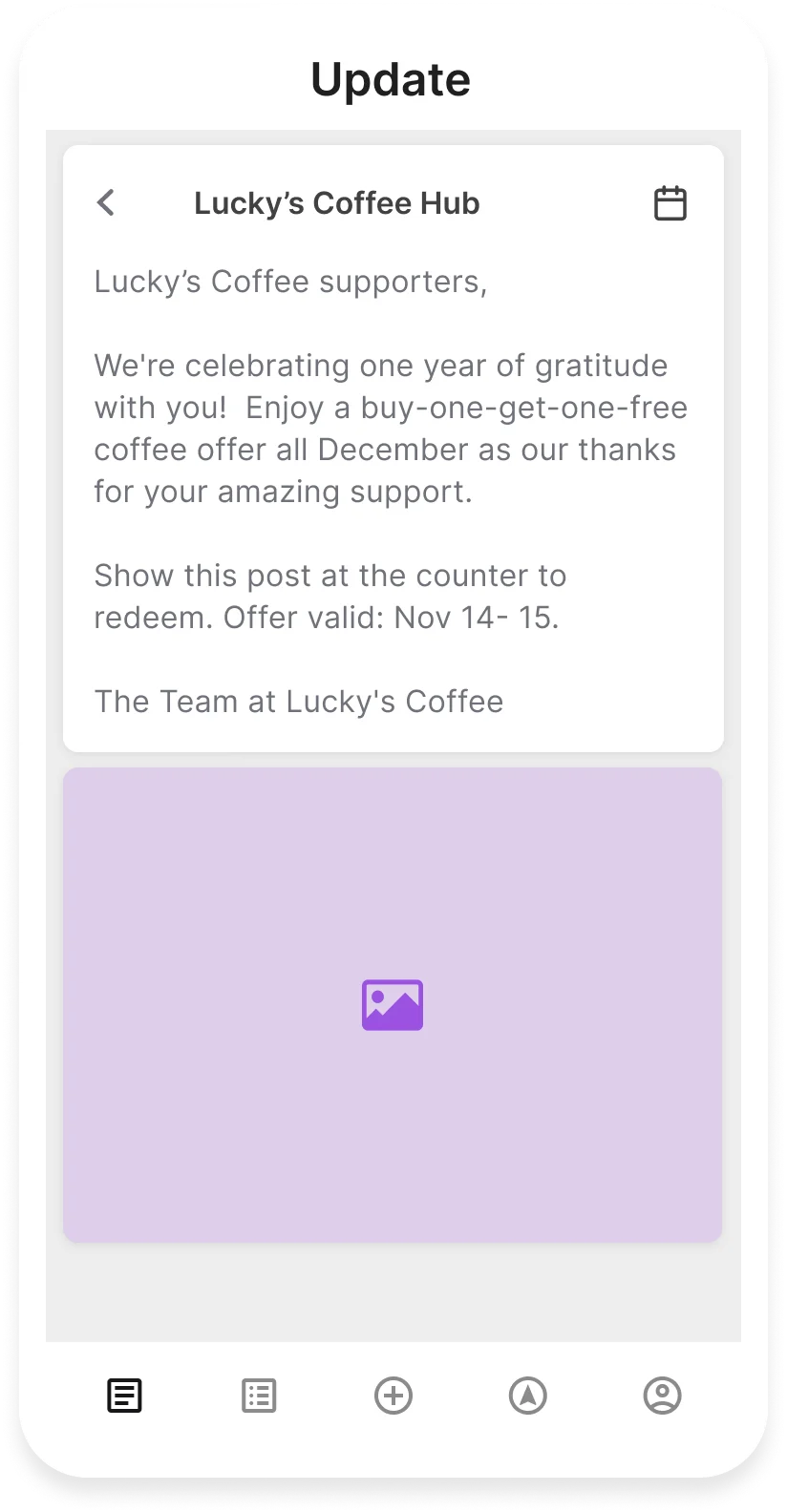 SimplyNotified mobile app showing update creation